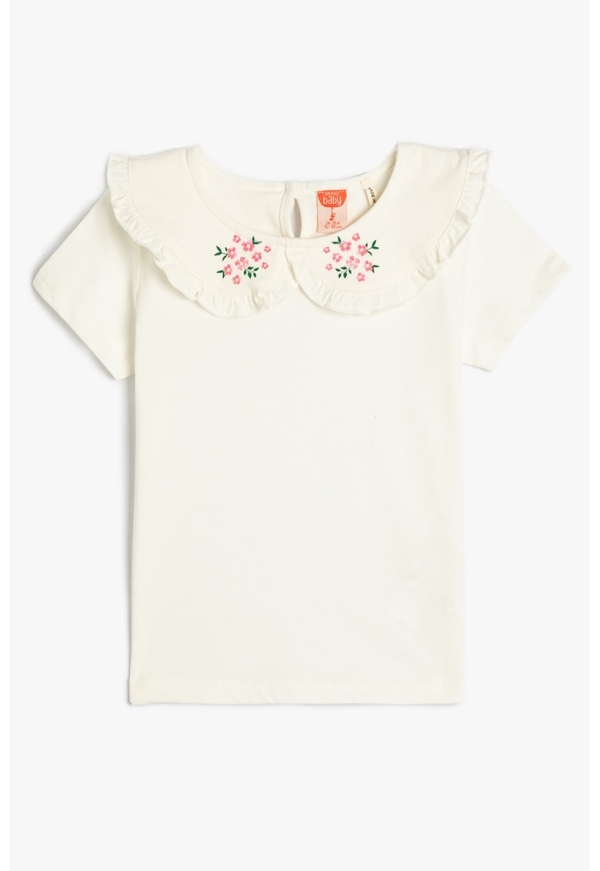 Tricou alb cu guler Peter Pan și broderie florală