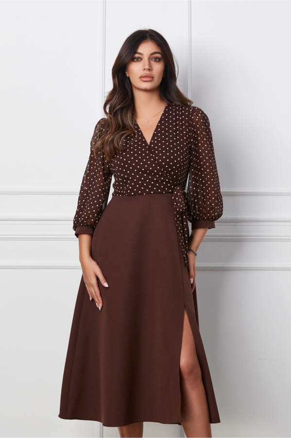 Rochie Bella Office Maro cu Buline și Crepeu la Fustă