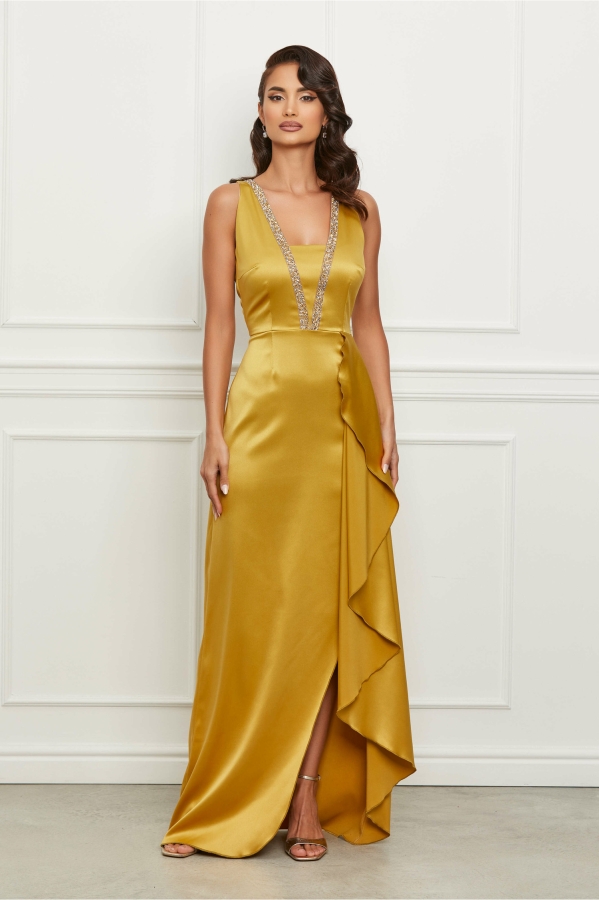 Rochie Moze lunga galbena eleganta cu strasuri la bust si fusta petrecuta