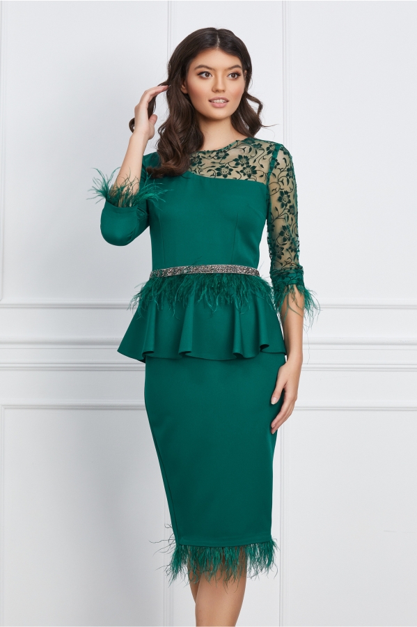 Rochie MBG verde cu dantela si pene pentru ocazii speciale