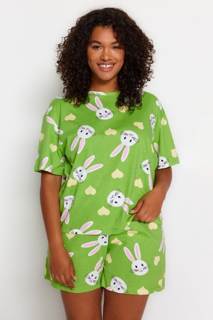 Trendyol Curve Pijama Set Verde cu Iepurași din Bumbac Tricotat