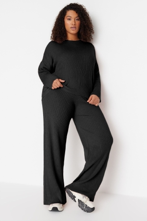 Trendyol Curve Set Pulover și Pantaloni Ribiți Negru Plus Size & Maternitate
