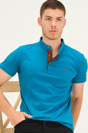 Tricou DEWBERRY T8560 - Turcoaz Închis cu Detalii Culoare Camel