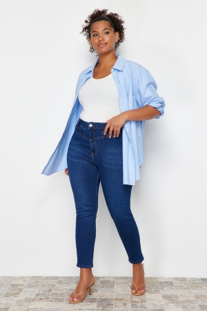 Blugi Skinny Denim Stretch cu Detalii de Cusătură în Albastru Întunecat Trendyol Curve