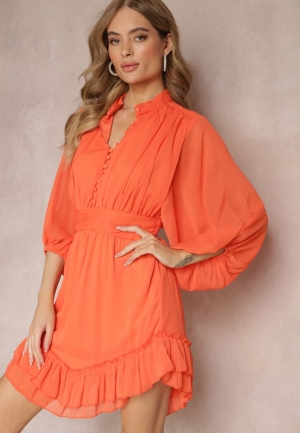 Rochie Portocalie cu Maneci Puff și Detalii Ruffle