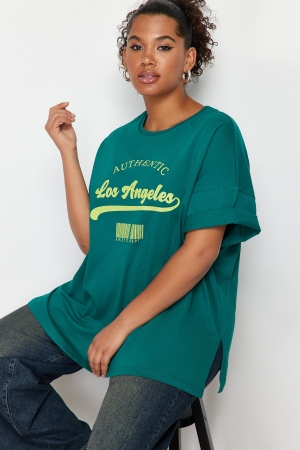 Trendyol Curve Tricou Verde cu Inscripție