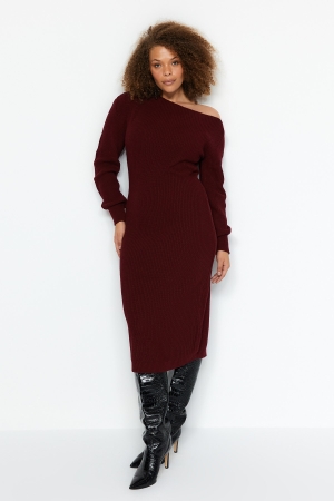 Rochie pulover Trendyol Claret Red Asimetric Detailed Sweater