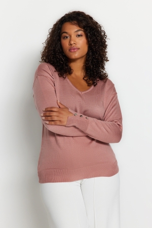 Trendyol Pulover Tricotat Detaliat cu Butoni V-Neck în Nuanta Dusty Rose