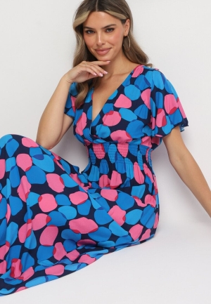 Rochie Maxi Albastră cu Model Colorat