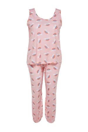 Trendyol Curve Pijama Tricotat Roz Deschis cu Model Curcubeu