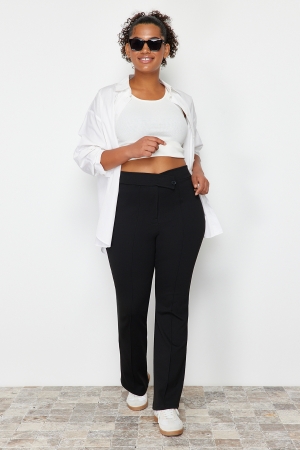 Trendyol Curve Pantaloni Negru Asimetric cu Detalii la Talie din 100% Bumbac
