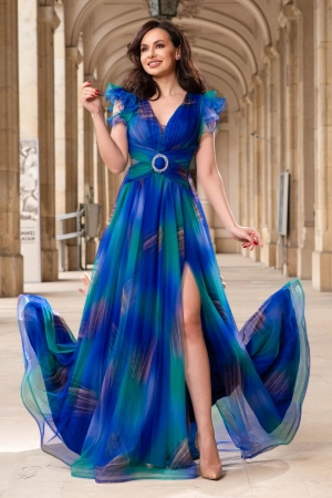 Rochie de seară lungă Tereza cu imprimeu în culorile păunului