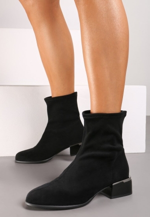 Botine Negre din Suede cu Toc Patrat