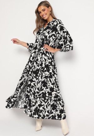 Rochie Maxi Florală Alb-Negru