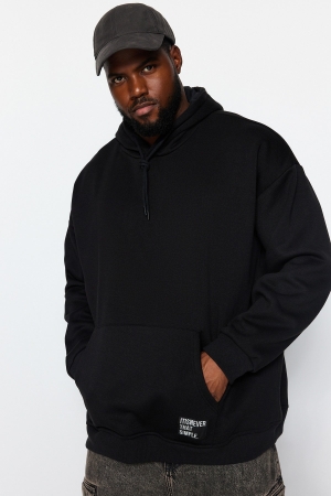 Hanorac Fleece Plus Size Negru cu Glugă Trendyol