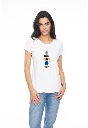 Tricou alb Vegea cu decolteu rotund si imprimeu geometric pentru femei